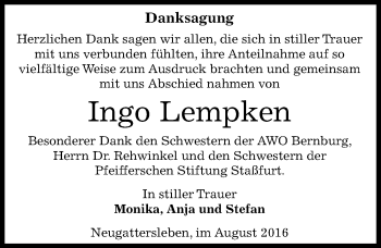 Traueranzeige von Ingo Lempken von Mitteldeutsche Zeitung Bernburg