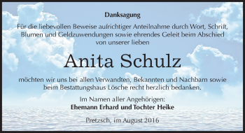 Traueranzeige von Anita Schulz von Mitteldeutsche Zeitung Wittenberg