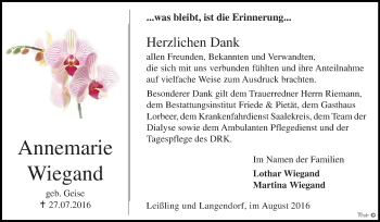 Traueranzeige von Annemarie Wiegand von WVG - Wochenspiegel NMB / WSF / ZTZ