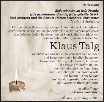 Traueranzeige von Klaus Talg von Mitteldeutsche Zeitung Naumburg/Nebra