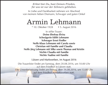 Traueranzeige von Armin Lehmann von Mitteldeutsche Zeitung Weißenfels