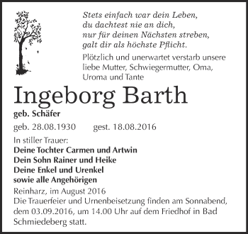 Traueranzeige von Ingeborg Barth von WVG - Wochenspiegel Wittenberg