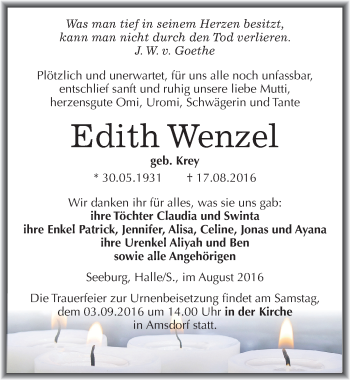 Traueranzeige von Edith Wenzel von Mitteldeutsche Zeitung Mansfelder Land
