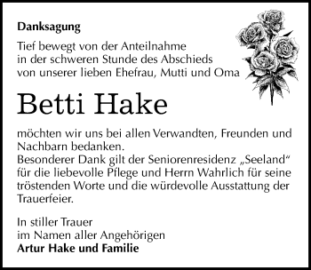 Traueranzeige von Betti Hake von Mitteldeutsche Zeitung Mansfelder Land