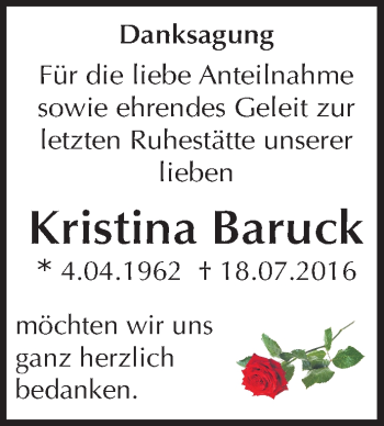 Traueranzeige von Kristina Baruck von Mitteldeutsche Zeitung Quedlinburg