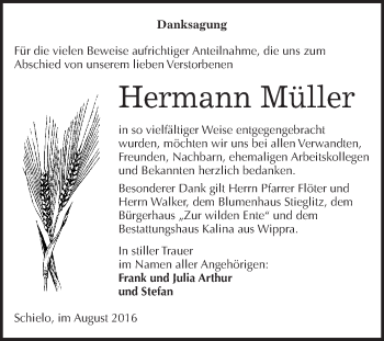 Traueranzeige von Hermann Müller von WVG - Wochenspiegel Quedlinburg