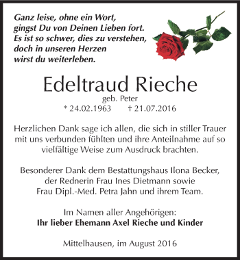 Traueranzeige von Edeltraud Rieche von Mitteldeutsche Zeitung Sangerhausen