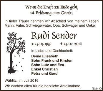 Traueranzeige von Rudi Sender von WVG - Wochenspiegel NMB / WSF / ZTZ