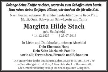 Traueranzeige von Margitta Hilde Stach von WVG - Wochenspiegel Dessau / Köthen