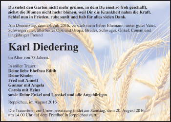 Traueranzeige von Karl Diedering von Mitteldeutsche Zeitung Köthen