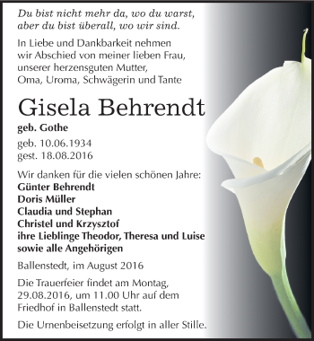 Traueranzeige von Gisela Behrendt von Mitteldeutsche Zeitung Quedlinburg