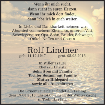 Traueranzeige von Rolf Lindner von Super Sonntag Bernburg