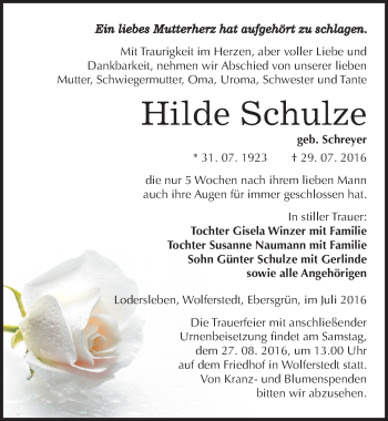 Traueranzeige von Hilde Schulze von Mitteldeutsche Zeitung Sangerhausen