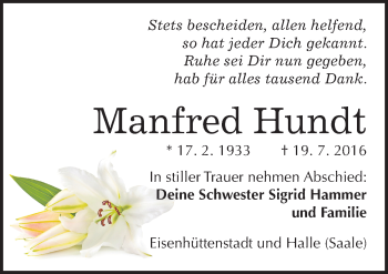 Traueranzeige von Manfred Hundt von Mitteldeutsche Zeitung Halle/Saalkreis