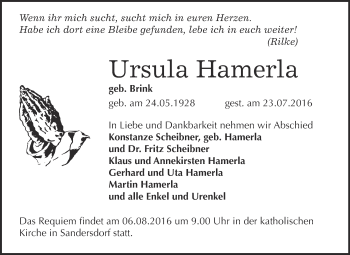 Traueranzeige von Ursula Hamerla von WVG - Wochenspiegel Bitterfeld