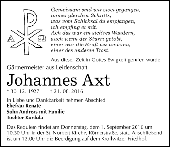 Traueranzeige von Johannes Axt von Mitteldeutsche Zeitung Halle/Saalkreis