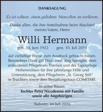 Traueranzeige von Willi Hermann von Mitteldeutsche Zeitung Weißenfels