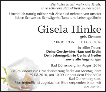 Traueranzeige von Gisela Hinke von Mitteldeutsche Zeitung Merseburg/Querfurt