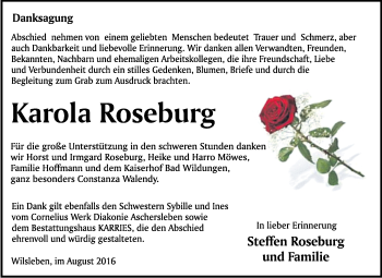 Traueranzeige von Karola Roseburg von WVG - Wochenspiegel Quedlinburg