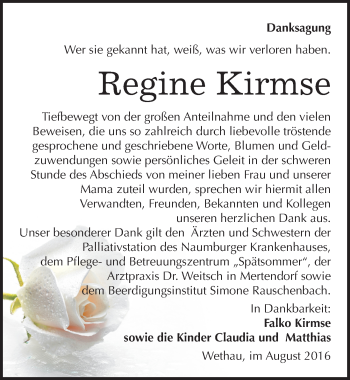 Traueranzeige von Regine Kirmse von Mitteldeutsche Zeitung Naumburg/Nebra