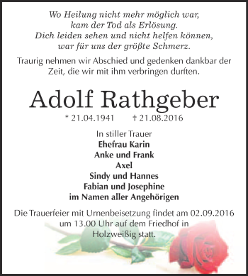 Traueranzeige von Adolf Rathgeber von WVG - Wochenspiegel Bitterfeld