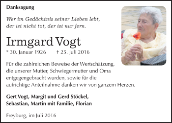 Traueranzeige von Irmgard Vogt von Mitteldeutsche Zeitung Naumburg/Nebra