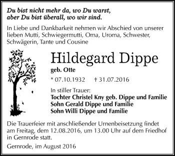 Traueranzeige von Hildegard Dippe von WVG - Wochenspiegel Quedlinburg