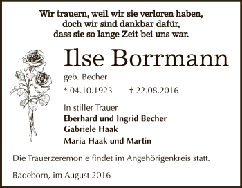 Traueranzeige von Ilse Borrmann von Super Sonntag Aschersleben
