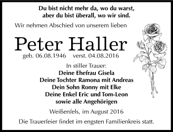 Traueranzeige von Peter Haller von Mitteldeutsche Zeitung Weißenfels