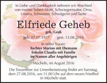 Traueranzeige von Elfriede Geheb von WVG - Wochenspiegel Merseburg