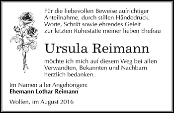 Traueranzeige von Ursula Reimann von Mitteldeutsche Zeitung Bitterfeld