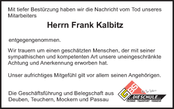 Traueranzeige von Frank Kalbitz von Mitteldeutsche Zeitung