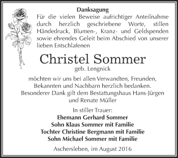 Traueranzeige von Christel Sommer von Super Sonntag Aschersleben