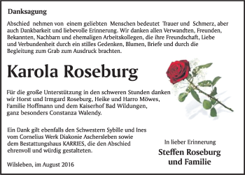 Traueranzeige von Karola Roseburg von Mitteldeutsche Zeitung Aschersleben