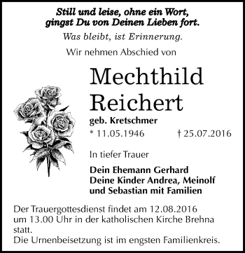 Traueranzeige von Mechthild Reichert von Mitteldeutsche Zeitung Bitterfeld