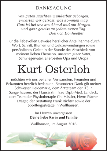 Traueranzeige von Kurt Osterloh von Mitteldeutsche Zeitung Sangerhausen