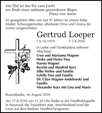 Traueranzeige von Gertrud Loeper von WVG - Wochenspiegel Merseburg