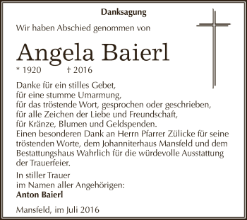 Traueranzeige von Angela Baierl von Wochenspiegel Mansfelder Land