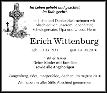 Traueranzeige von Erich Wittenburg von Mitteldeutsche Zeitung Zeitz