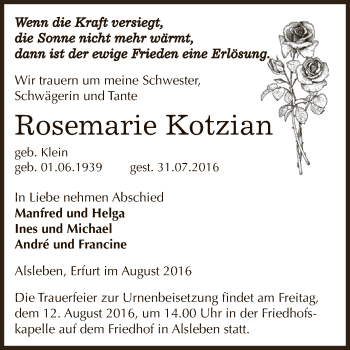 Traueranzeige von Rosemarie Kotzian von Super Sonntag Bernburg