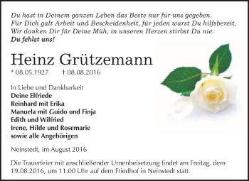 Traueranzeige von Heinz Grützemann von WVG - Wochenspiegel Quedlinburg