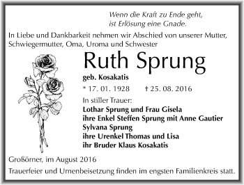 Traueranzeige von Ruth Sprung von Mitteldeutsche Zeitung Mansfelder Land
