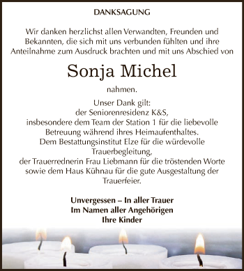 Traueranzeige von Sonja Michel von WVG - Wochenspiegel Dessau / Köthen