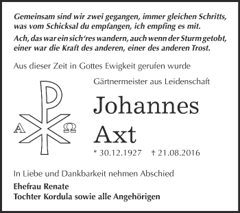 Traueranzeige von Johannes Axt von Super Sonntag Bernburg