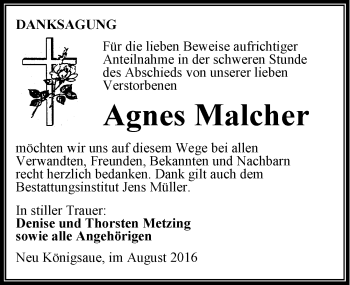 Traueranzeige von Agnes Malcher von Mitteldeutsche Zeitung Aschersleben
