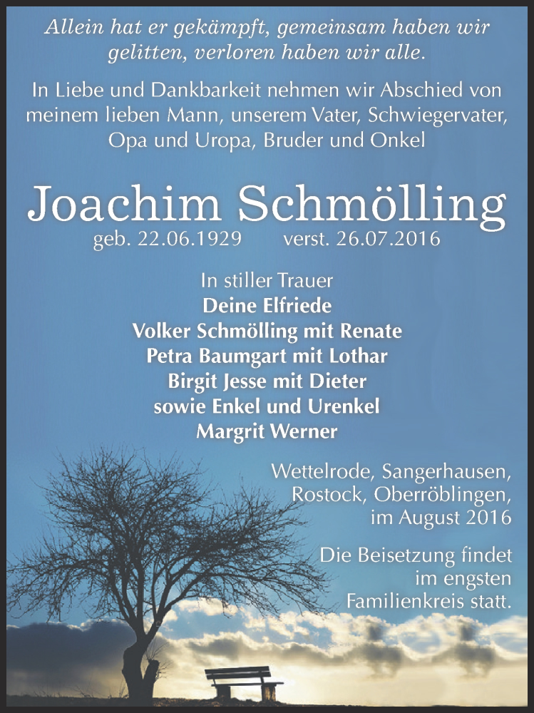  Traueranzeige für Joachim Schmölling vom 06.08.2016 aus Super Sonntag SGH Mansf. Land