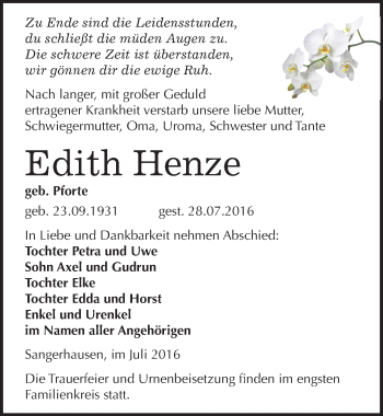 Traueranzeige von Edith Henze von Mitteldeutsche Zeitung Sangerhausen
