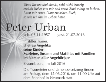 Traueranzeige von Peter Urban von WVG - Wochenspiegel Merseburg