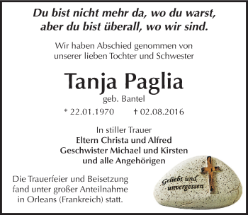 Traueranzeige von Tanja Paglia von Mitteldeutsche Zeitung Dessau-Roßlau