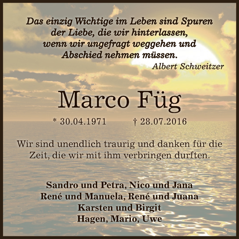  Traueranzeige für Marco Füg vom 06.08.2016 aus Super Sonntag Aschersleben